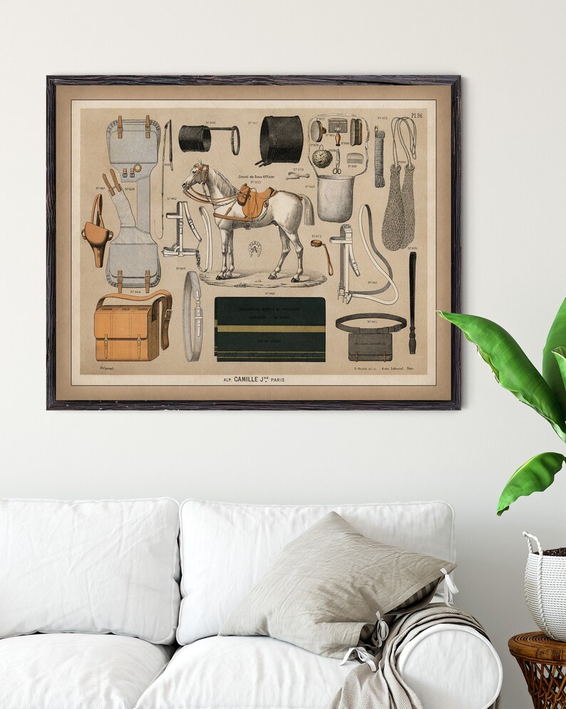 May include: An antique illustration of horse riding equipment, including a saddle, bridle, stirrups, and other accessories. The illustration is in a vintage style with a brown background and white text. The text reads "Alp. Camille Jrs. Paris".