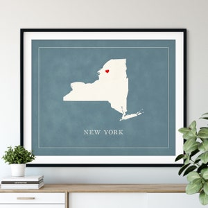 Art personnalisé de carte de New York - coeur au-dessus de n'importe quelle ville - silhouette de carte d'état personnalisée, cadeau personnalisé, impression d'amour de ville natale, carte de coeur de voyage
