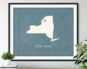 Custom New York Map Art - Heart Over ANY City - Customized State Map Silhouette, Personalized Gift, Hometown Love Print, Travel Heart Map