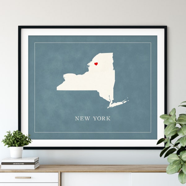 Custom New York Map Art - Heart Over ANY City - Customized State Map Silhouette, Personalized Gift, Hometown Love Print, Travel Heart Map