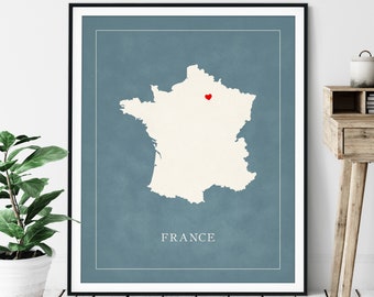 Custom France Map Art - Heart Over ANY City - Customized Country Map Silhouette, Personalized Gift, Hometown Love Print, Travel Heart Map