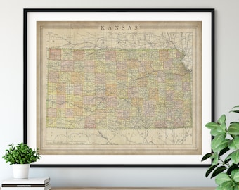 1897 Kansas Map Print, Vintage Map Art, Antique Map, Old Map, Kansas Wall Art, Kansas Art, Topeka Kansas Print, Moving Gift, County Map