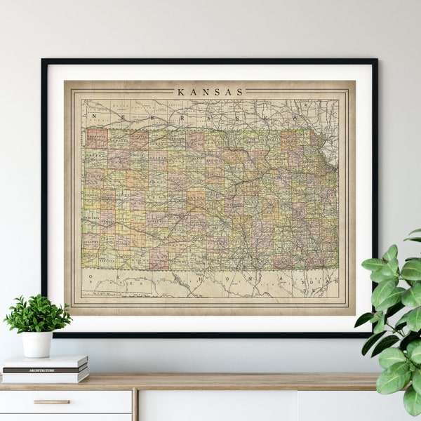 1897 Kansas Map Print, Vintage Map Art, Antique Map, Old Map, Kansas Wall Art, Kansas Art, Topeka Kansas Print, Moving Gift, County Map