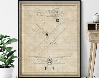 Single Seat Biplane Elevation Print - Aviation Blueprint, Airplane Plan Poster, Plane Drawing, Airplane Art, Airplane Print, Aviation Gift