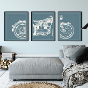 Motorcycle Print Set, Motorcycle Panel Art, Panel Wall Art, Motorcycle Art, Man Cave Wall Decor, Large Wall Art, Gifts for Him, Office Art 3. Blue Gray