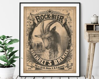 1882 Vintage Bock Beer Print - Antique Beer Ad, Beer Art, Beer Gifts, Beer Lover Gift, Beer Wall Art, Wet Bar Art, NYC Brewery Advertising