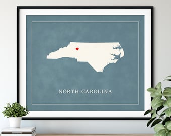 Custom North Carolina Map Art, Heart Over ANY City, Customized State Map Silhouette, Personalized Gift, Hometown Love Print Travel Heart Map