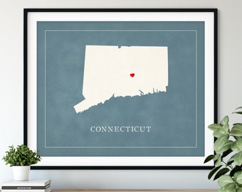 Custom Connecticut Map Art - Heart Over ANY City - Customized State Map Silhouette, Personalized Gift, Hometown Love Print, Travel Heart Map