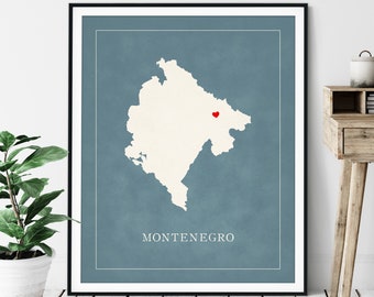 Custom Montenegro Map Art - Heart Over ANY City - Customized Country Map Silhouette, Personalized Gift, Hometown Love Print Travel Heart Map