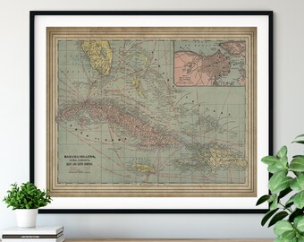 1901 Bahamas Map Print, Vintage Cuba Map Art, Antique Jamaica Map, Old Map, Haiti Map, Santo Domingo Map, West Indies, Caribbean Islands