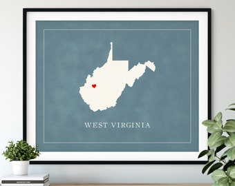 Custom West Virginia Map Art, Heart Over ANY City, Customized State Map Silhouette, Personalized Gift, Hometown Love Print, Travel Heart Map
