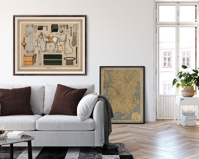 May include: A vintage illustration of a horse and various equestrian equipment, including saddles, bridles, and stirrups. The illustration is framed in a brown wood frame and hangs on a white wall above a white sofa.