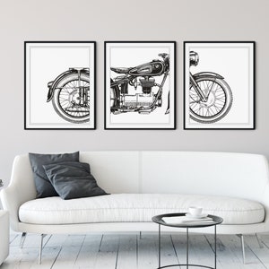 Motorcycle Print Set, Motorcycle Panel Art, Panel Wall Art, Motorcycle Art, Man Cave Wall Decor, Large Wall Art, Gifts for Him, Office Art Black on White