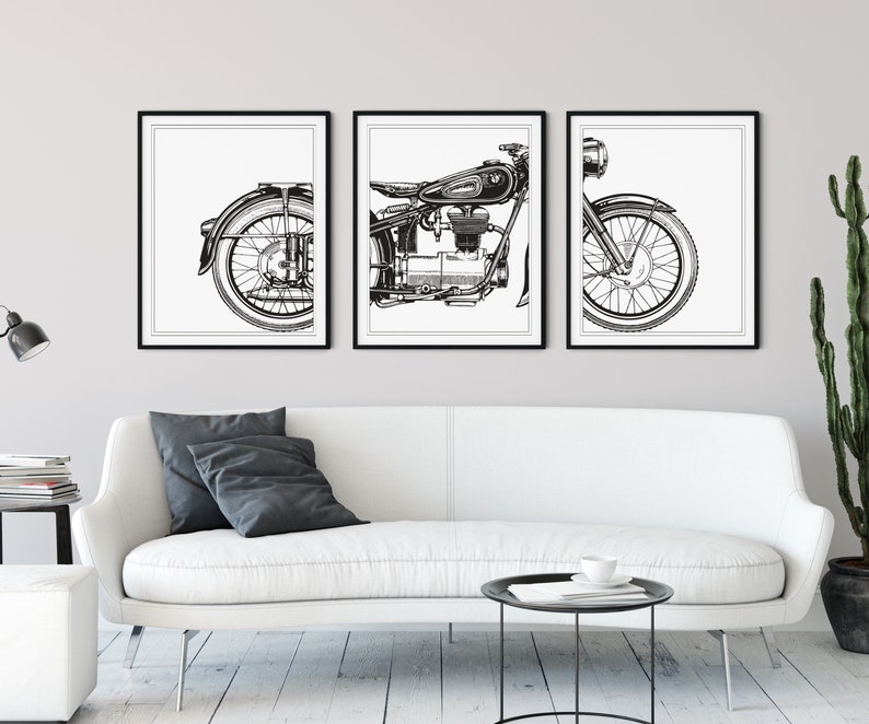 Motorcycle Print Set, Motorcycle Panel Art, Panel Wall Art, Motorcycle Art, Man Cave Wall Decor, Large Wall Art, Gifts for Him, Office Art Black on White