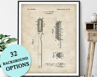 Toothbrush Patent Print - Customizable Toothbrush Blueprint Plan, Bathroom Art, Master Bathroom Wall Decor, Dentist Gift, Dental Hygienist