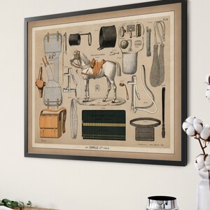 May include: A vintage illustration of horse riding equipment, including a saddle, bridle, stirrups, and other accessories. The illustration is in black and white and features a horse with a rider. The text "No. Camille Jrs Paris" is at the bottom of the illustration.