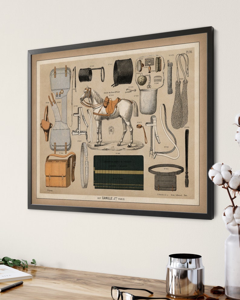 May include: A vintage illustration of horse riding equipment, including a saddle, bridle, stirrups, and other accessories. The illustration is in black and white and features a horse with a rider. The text "No. Camille Jrs Paris" is at the bottom of the illustration.