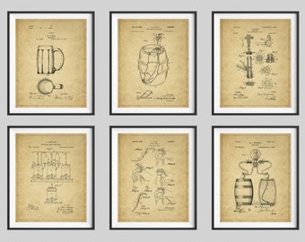 Beer Patent Print Set, Panel Art, Vintage Patent Art, Beer Barrel, Beer Keg, Beer Tap, Bar Art, Bar Decor, Beer Mug, Beer Art, Panel Art