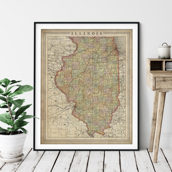 1897 Illinois Map Print, Vintage Map Art, Antique Map, Old Map, Illinois Wall Art, Illinois Art, Illinois Print, Moving Gift, County Map