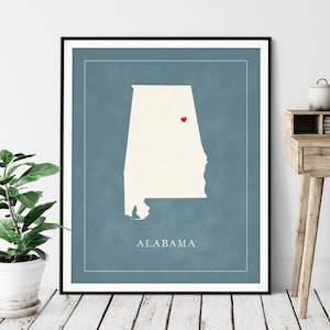 Art personnalisé de carte de l'Alabama - coeur au-dessus de n'importe quelle ville - silhouette de carte d'état personnalisée, cadeau personnalisé, impression d'amour de ville natale, carte de coeur de voyage