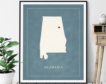 Custom Alabama Map Art - Heart Over ANY City - Customized State Map Silhouette, Personalized Gift, Hometown Love Print, Travel Heart Map