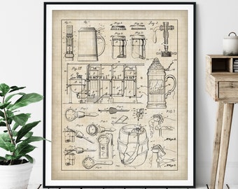 Beer Collage Print - Customizable Blueprint, Gift for Him Men, Beer Patent Poster Chart, Wall Art Decor, Drinking Gifts for Dad, Bar Art