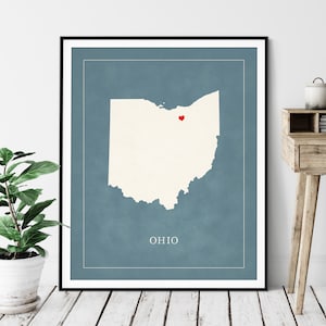 Art de carte personnalisé de l'Ohio - coeur au-dessus de n'importe quelle ville - silhouette de carte d'état personnalisée, cadeau personnalisé, impression d'amour de ville natale, carte de coeur de voyage