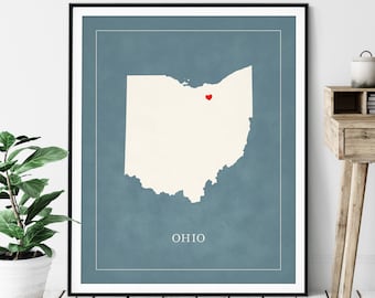 Custom Ohio Map Art - Heart Over ANY City - Customized State Map Silhouette, Personalized Gift, Hometown Love Print, Travel Heart Map