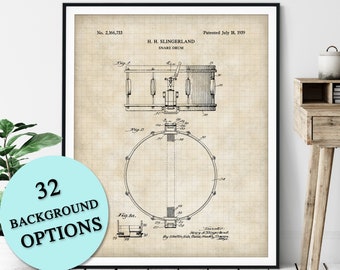 Snare Drum Patent Print - Customizable Blueprint Plan, Gift for Drummer, Drum Poster, Music Room Wall Art, Music Studio Decor, Marching Band