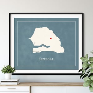 Custom Senegal Map Art, Heart Over ANY City, Customized Country Map Silhouette, Personalized Gift Hometown Love Print Travel Heart Map Décor