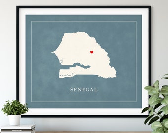 Custom Senegal Map Art, Heart Over ANY City, Customized Country Map Silhouette, Personalized Gift Hometown Love Print Travel Heart Map Decor