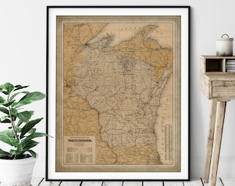 1900 Wisconsin Railroad Map Print, Vintage Wisconsin Map Art, Antique Wisconsin Map, Old Map, Railway Map, Train Gifts, Locomotive Wall Art