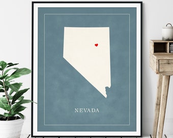 Custom Nevada Map Art - Heart Over ANY City - Customized State Map Silhouette, Personalized Gift, Hometown Love Print, Travel Heart Map
