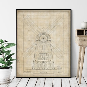 Beebe Windmill Elevation Print - Windmill Art, Hamptons Wall Art, NY Architectural Drawing, Windmill Blueprint, Windmill Print, Windmill Art