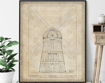 Beebe Windmill Elevation Print - Windmill Art, Hamptons Wall Art, NY Architectural Drawing, Windmill Blueprint, Windmill Print, Windmill Art