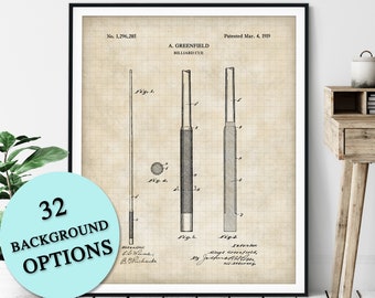 Billiards Cue Patent Print - Customizable Pool Cue Stick Blueprint Plan, Pool Player Gift, Billiards Art Poster, Pool Hall Decor, Game Room