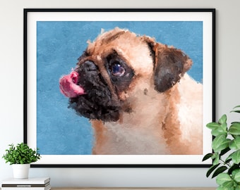 Pug Print, Pug Art, Fawn Pug Gifts, Cute Dog Portrait, Pet Oil Painting, Dog Lover Gift, Dog Decor, Dog Mom, Dad Wall Art, Entryway Art