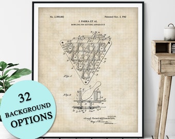 Bowling Pin Setter Apparatus Patent Print - Customizable Bowling Blueprint, Bowler Gift, Bowling Poster, Bowling Wall Decor, Game Room Art