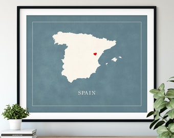 Custom Spain Map Art - Heart Over ANY City - Customized Country Map Silhouette, Personalized Gift, Hometown Love Print Travel Heart Map