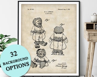 Clown Doll Patent Print - Customizable Clown Blueprint Plan, Vintage Circus Poster, Kids Room Wall Decor, Carnival Art, State Fair Wall Art