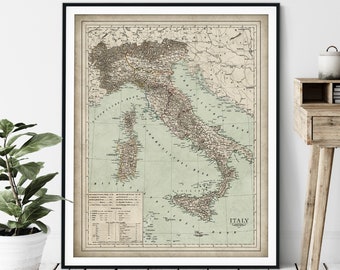 1859 Italy Map Print - Vintage German Map Art, Antique Map, Old Map Poster, Sardinia Wall Art, Italian Gift, Malta, Corsica, Naples, Sicily
