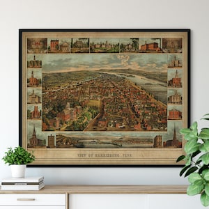 1855 Harrisburg Pennsylvania Birds Eye View Print - Vintage Map Art, Antique Map Print, Aerial View Poster, Historical Art, PA Wall Art