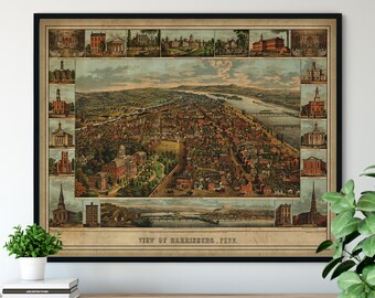 1855 Harrisburg Pennsylvania Birds Eye View Print - Vintage Map Art, Antique Map Print, Aerial View Poster, Historical Art, PA Wall Art