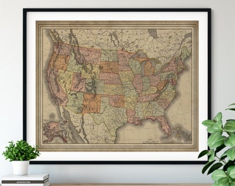 1897 United States Map Print, Vintage USA Map Art, Antique US Map, Old Map Wall Art, Map of America, US Art, United States Art, Patriotic