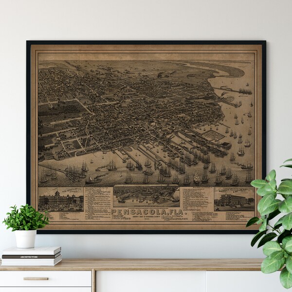 1885 Pensacola Florida Birds Eye View Print: Vintage Aerial Map Art