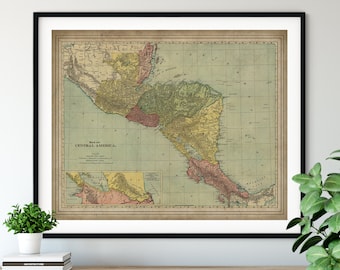 1897 Central America Map Print, Vintage Map Art, Antique Map, Old Map, Central American Art, Nicaragua Map, Costa Rica Map, Honduras Map