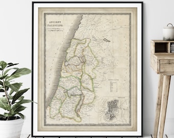 1844 Ancient Palestine Map Print, 12 Tribes of Israel Map, Vintage Biblical Map Art, Antique Jerusalem Map, Old Map, Holy Land, Judaea