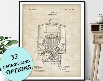 Locomotive Patent Print - Customizable Train Blueprint Plan, Train Lover Gift, Railroad Box Car Poster, Railway Art, Train Buff, Railfan Art