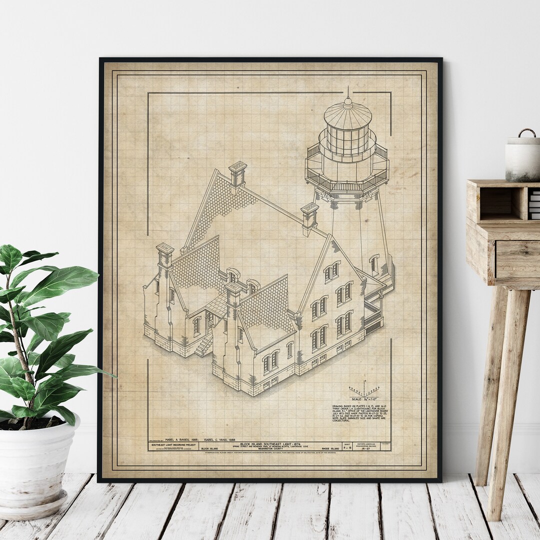 Block Island Southeast Lighthouse Elevation Print: Rhode Island Coastal ...