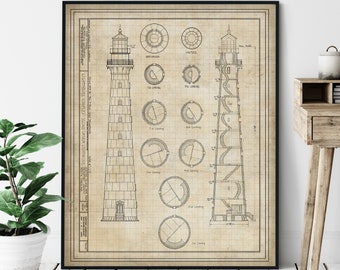 Hunting Island Lighthouse Elevation Print - Lighthouse Art, Architectural Drawing, Nautical Wall Decor, Coastal Wall Art, Technical Diagram